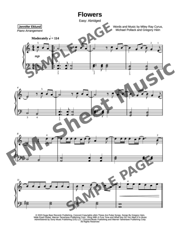 Flowers Easy Piano By Miley Cyrus Fm Sheet Music Pop Arrangements By Jennifer Eklund 7251